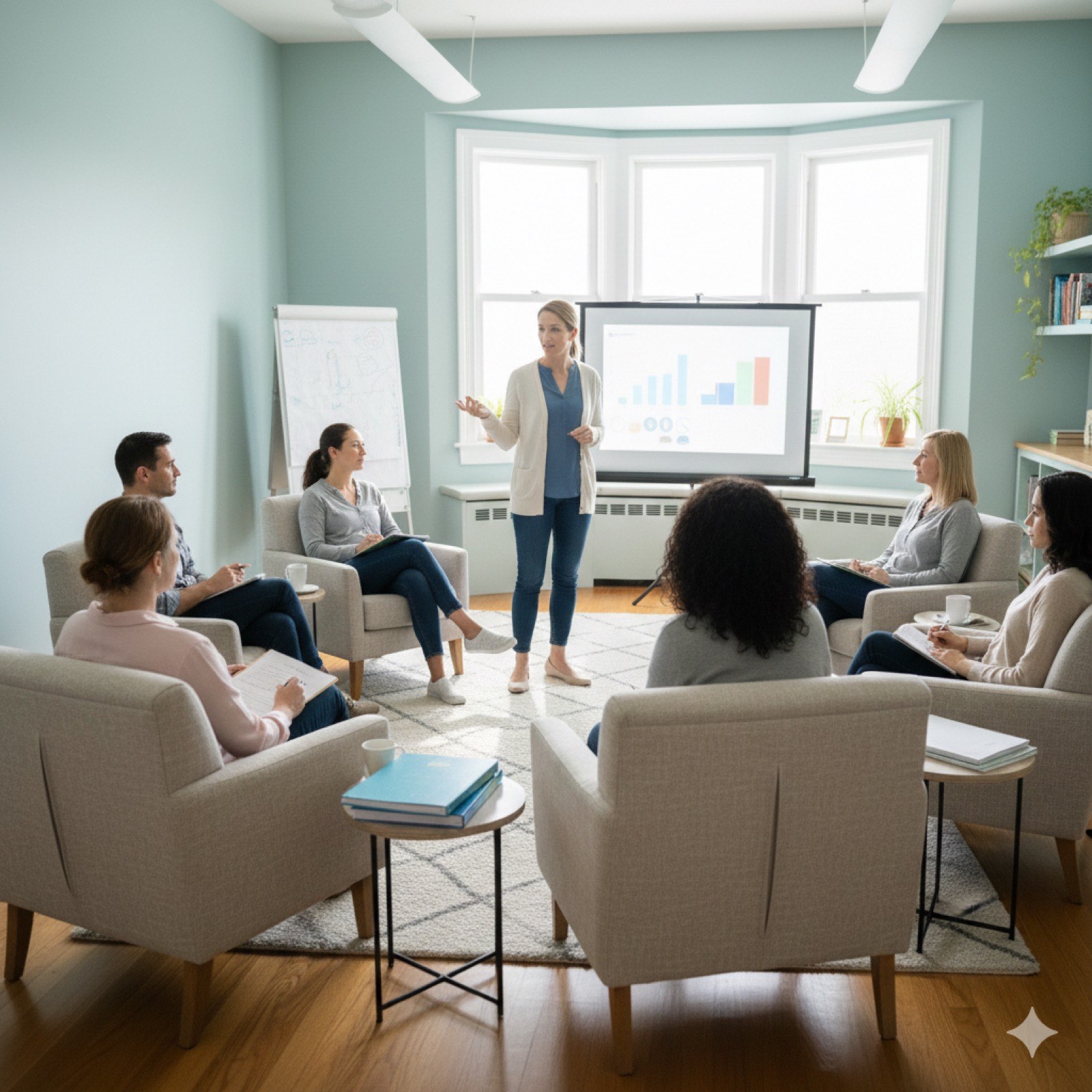 A therapist leading a group consultation session in a bright, calm room